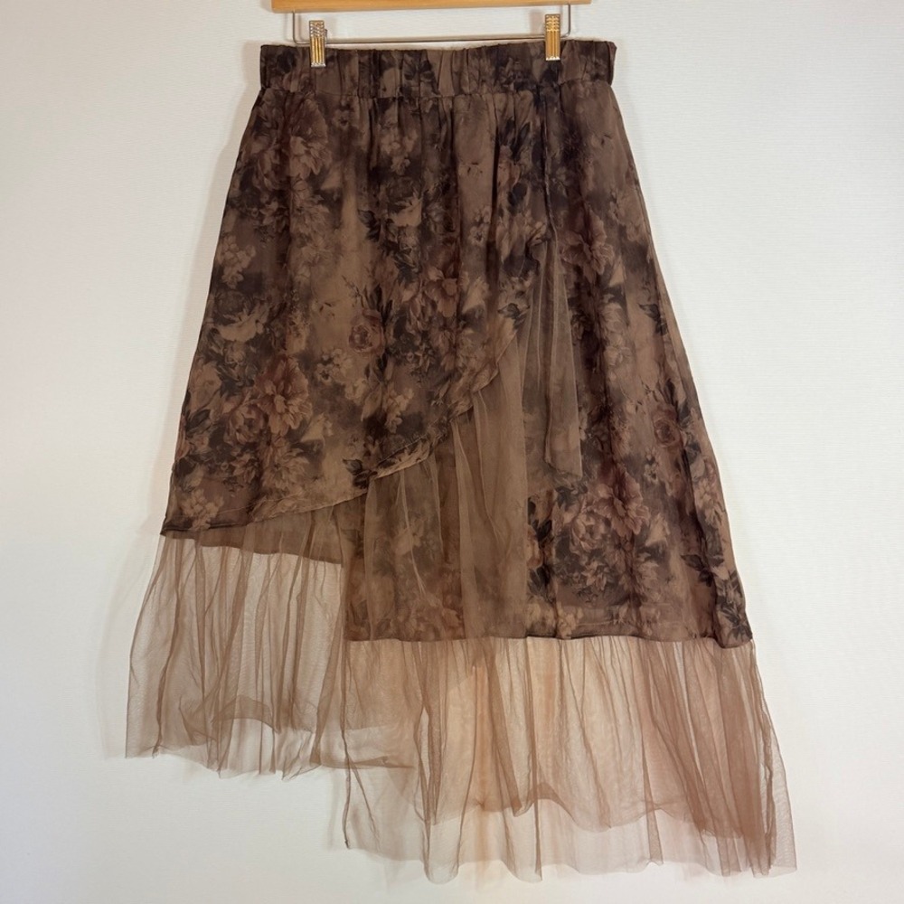 Brown Floral Layered Tulle Midi Skirt